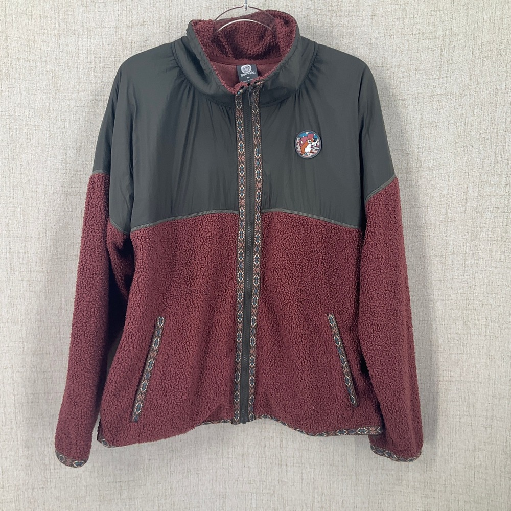 Buc-ee's Fleece Jacket Women XL Maroon Mixed Media Southwestern Boho Full Zip